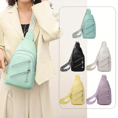 Double Zipper Front Sling Bag Pockets Chest Purses Faux Leather Crossbody Bag