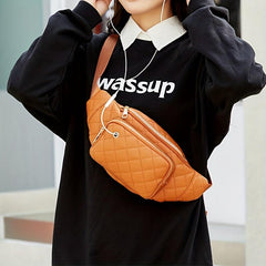 Argyle Quilted Waist Bag PU Leather Crossbody Bag with Earphone Hole