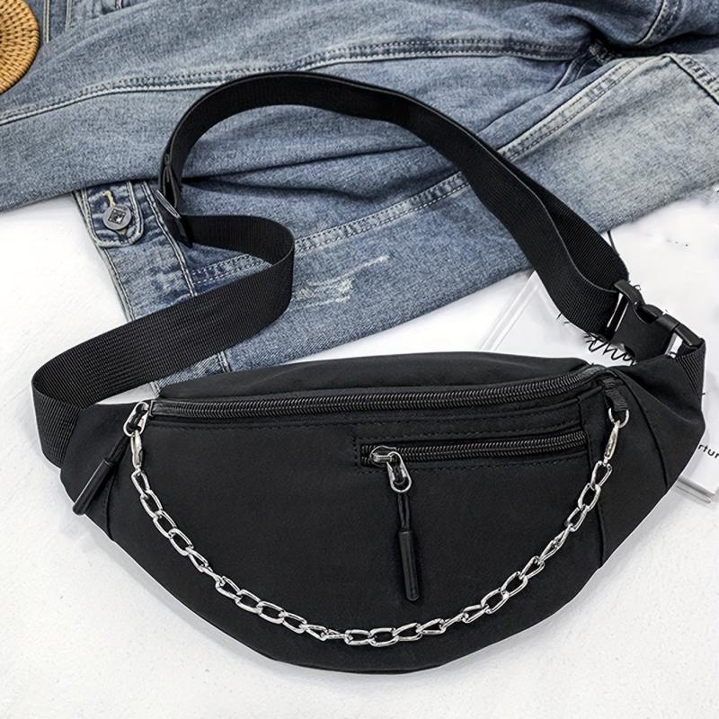 Chain Decor Fanny Pack Nylon Crossbody Bag