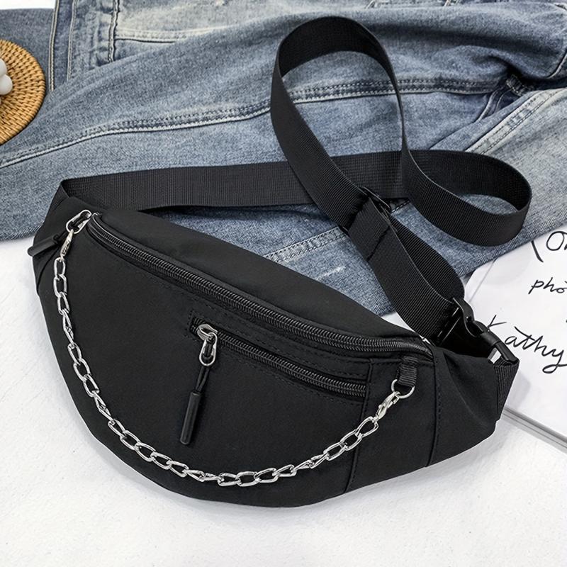 Chain Decor Fanny Pack Nylon Crossbody Bag