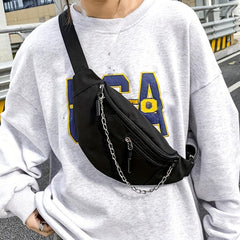 Chain Decor Fanny Pack Nylon Crossbody Bag