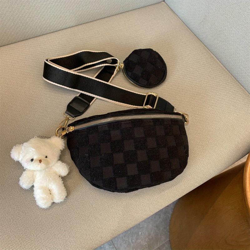 Checkered Corduroy Crossbody Bag with Coin Purse Small Chest Bag