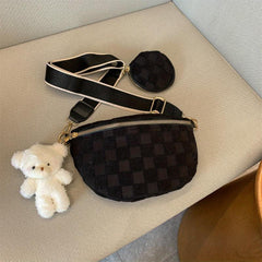 Checkered Corduroy Crossbody Bag with Coin Purse Small Chest Bag