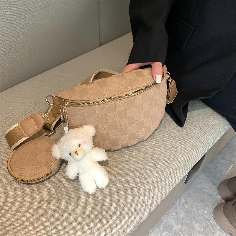 Checkered Corduroy Crossbody Bag with Coin Purse Small Chest Bag