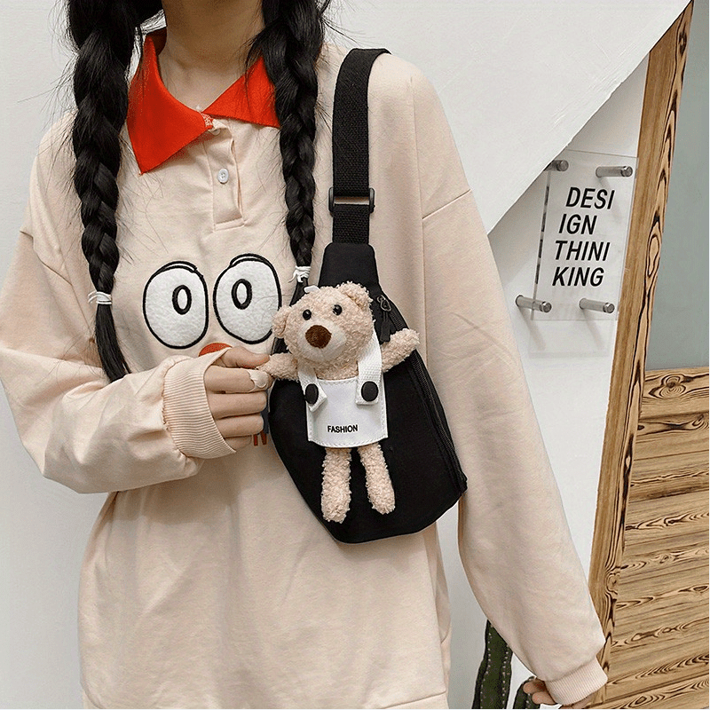 Cartoon Bear Doll Decor Chest Bag Solid Nylon Fanny Bag