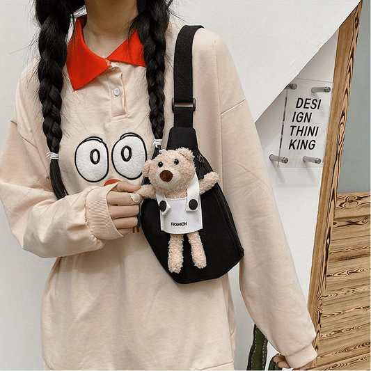 Cartoon Bear Doll Decor Chest Bag Solid Nylon Fanny Bag