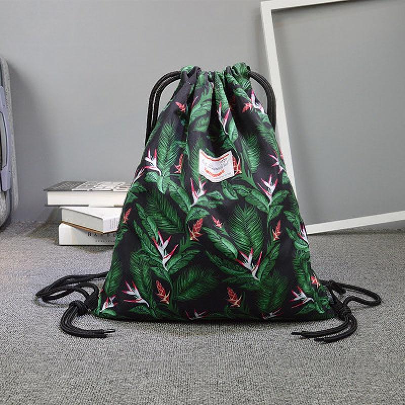 Leaf Printed Drawstring Backpack Lightweight Travel Sports Bag