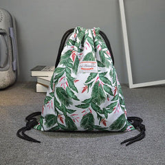 Leaf Printed Drawstring Backpack Lightweight Travel Sports Bag