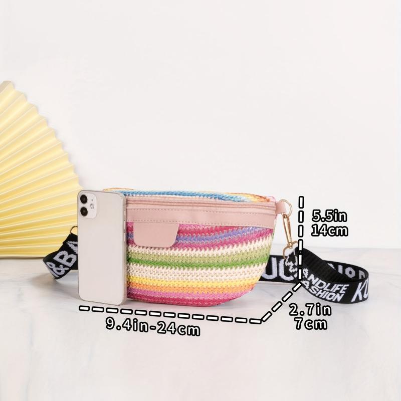 Colorful Straw Crescent Bag Zipper Chest Zipper Bag