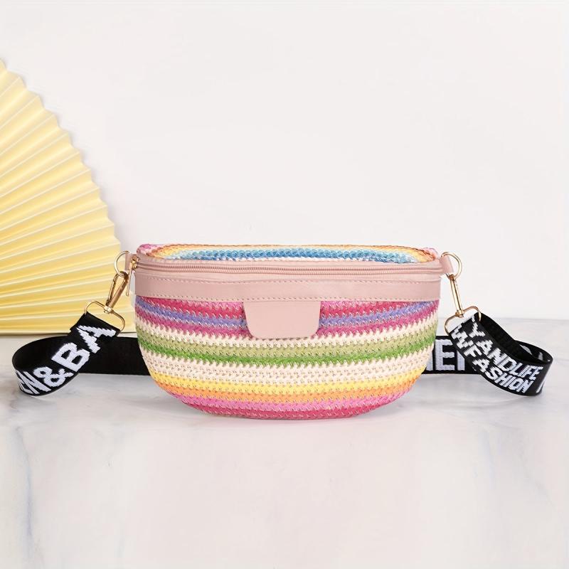 Colorful Straw Crescent Bag Zipper Chest Zipper Bag