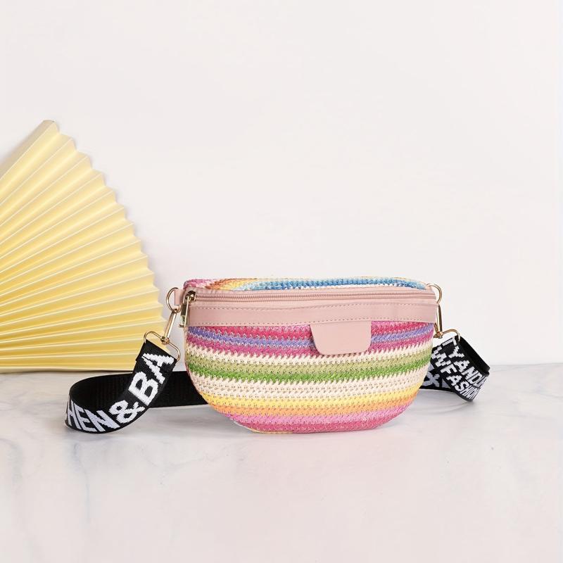 Colorful Straw Crescent Bag Zipper Chest Zipper Bag