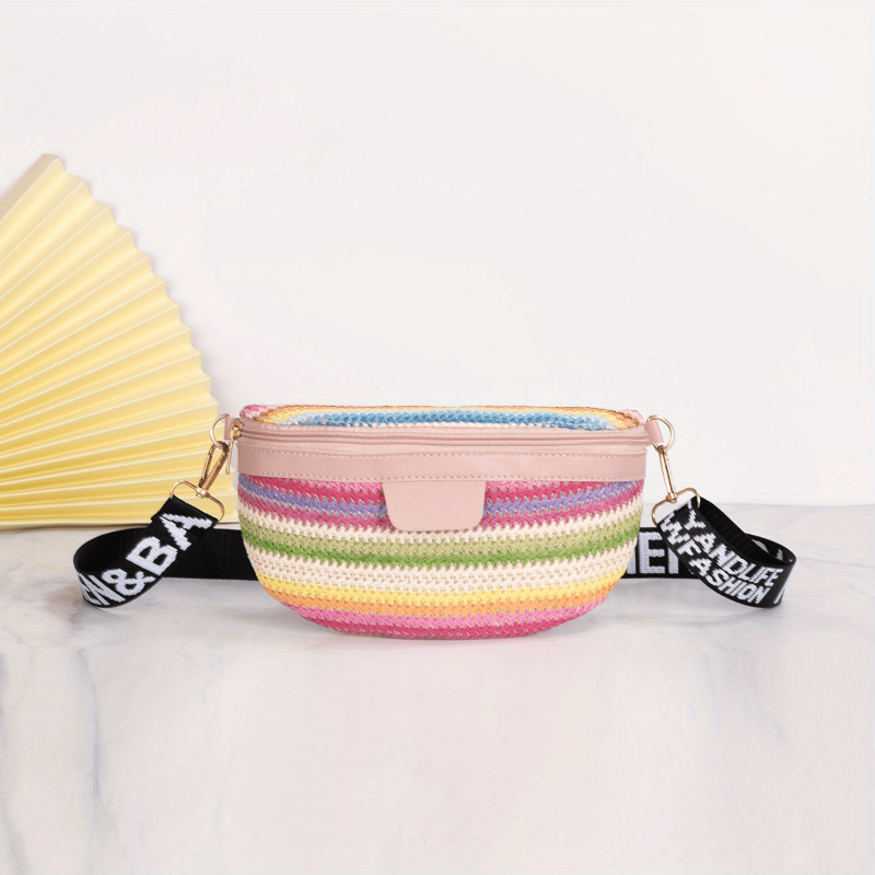 Colorful Straw Crescent Bag Zipper Chest Zipper Bag