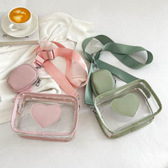 2Pcs Clear Heart Bag Set Waterproof Crossbody Shoulder Bag With Coin Purse