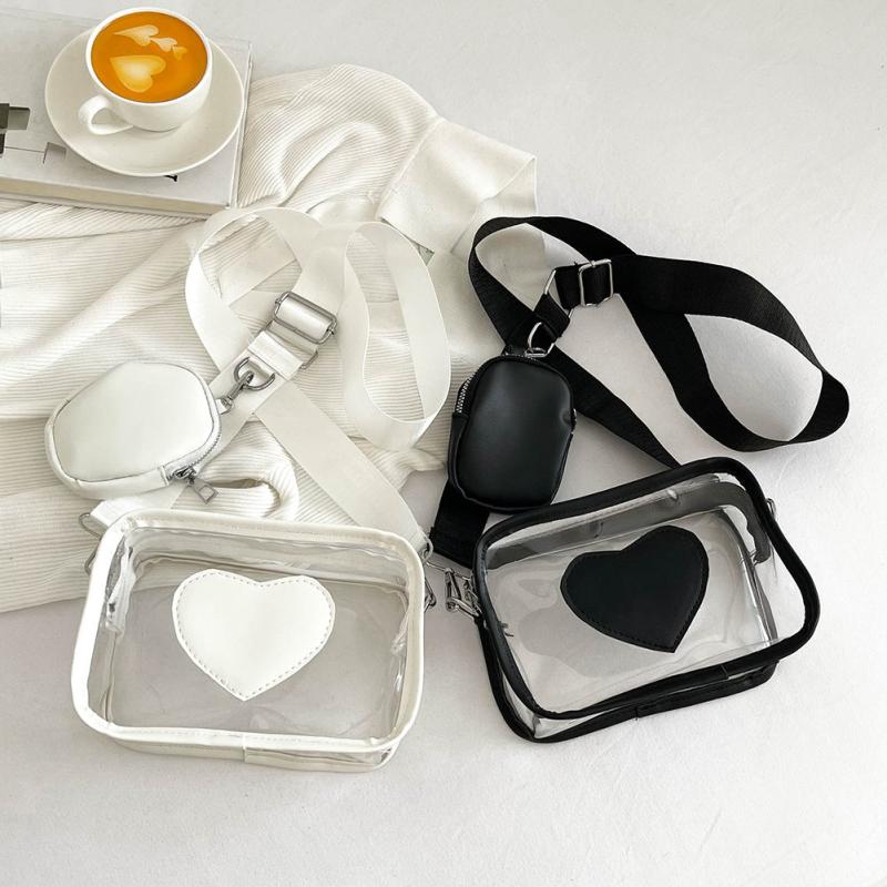 2Pcs Clear Heart Bag Set Waterproof Crossbody Shoulder Bag With Coin Purse
