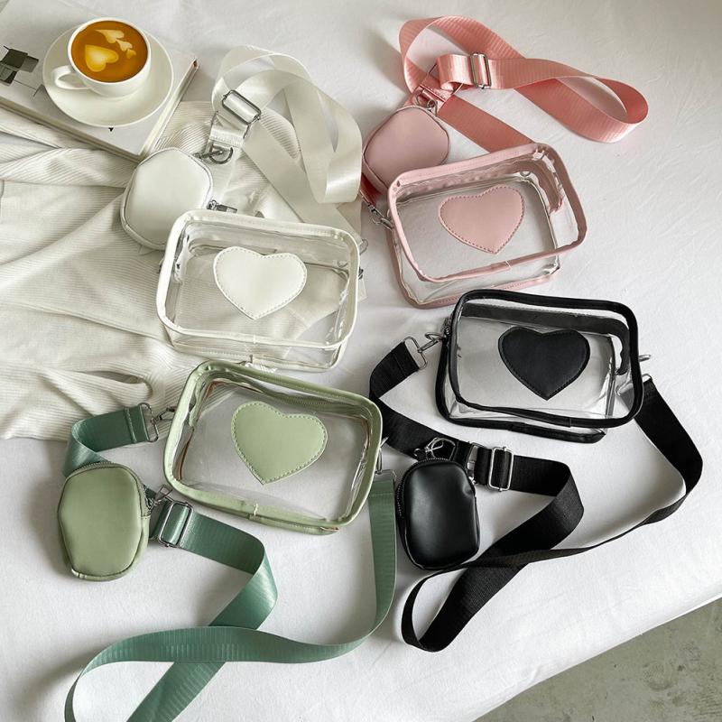 2Pcs Clear Heart Bag Set Waterproof Crossbody Shoulder Bag With Coin Purse