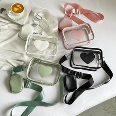 2Pcs Clear Heart Bag Set Waterproof Crossbody Shoulder Bag With Coin Purse