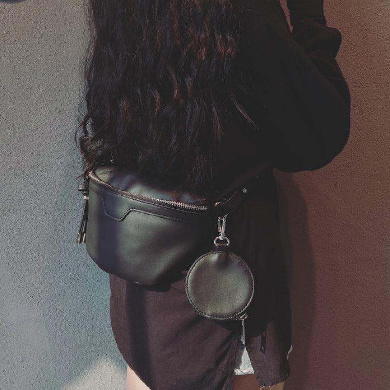 Casual Crossbody Bag with Mini Round Purse PU Leather Textured Fanny Pack