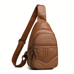 Zipper Front Sling Bag PU Leather Crossbody Bag Women's Casual Chest Purse