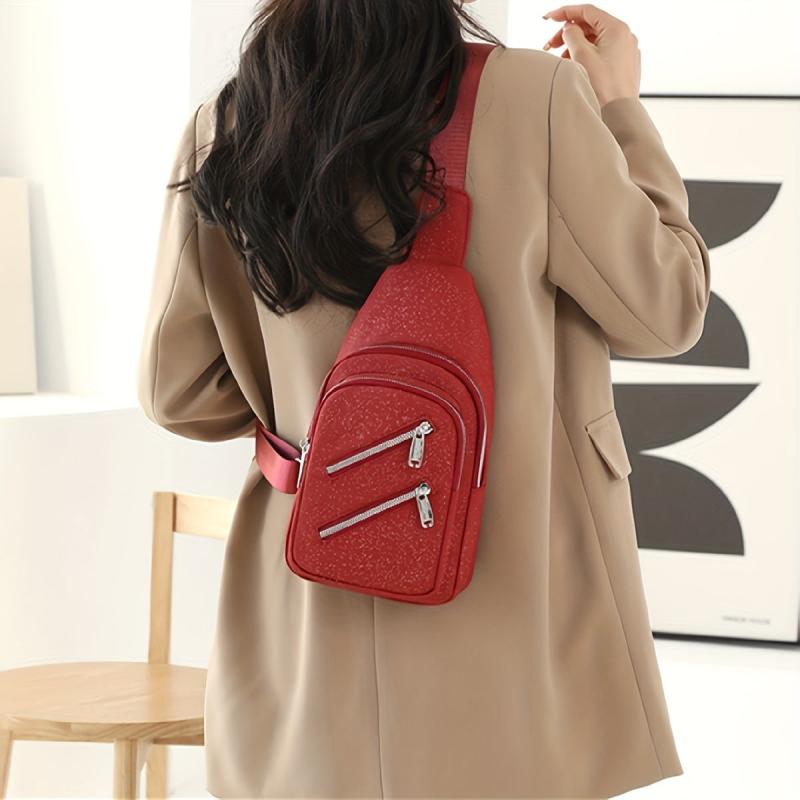Glitter Solid Chest Bag Durable Nylon Zipper Crossbody Bag