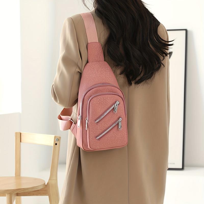 Glitter Solid Chest Bag Durable Nylon Zipper Crossbody Bag