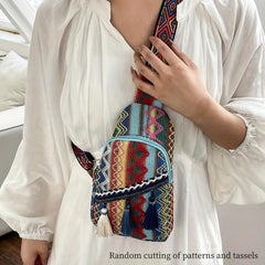 Ethnic Style Woven Sling Bag Bohemian Tassel Decor Crossbody Chest Purse