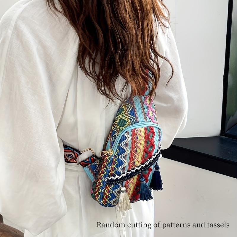 Ethnic Style Woven Sling Bag Bohemian Tassel Decor Crossbody Chest Purse