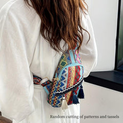 Ethnic Style Woven Sling Bag Bohemian Tassel Decor Crossbody Chest Purse