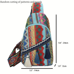 Ethnic Style Woven Sling Bag Bohemian Tassel Decor Crossbody Chest Purse