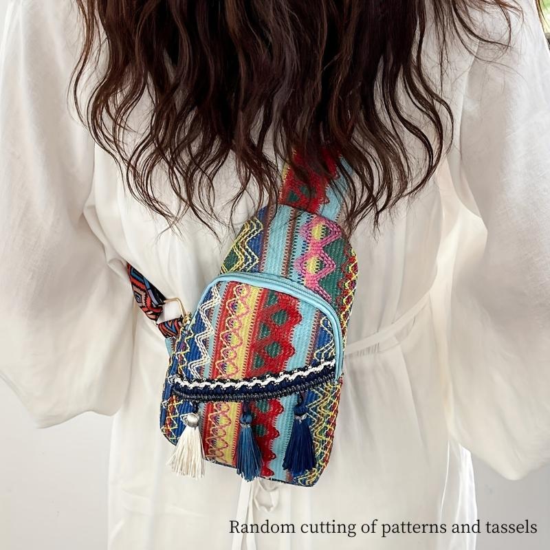 Ethnic Style Woven Sling Bag Bohemian Tassel Decor Crossbody Chest Purse