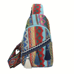 Ethnic Style Woven Sling Bag Bohemian Tassel Decor Crossbody Chest Purse
