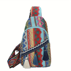 Ethnic Style Woven Sling Bag Bohemian Tassel Decor Crossbody Chest Purse