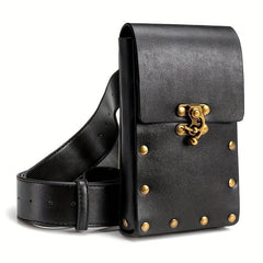 Solid Rivet Decor Waist Bag PU Leather Flap Square Bag Adjustable Strap