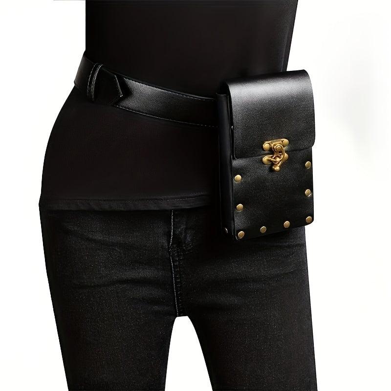 Solid Rivet Decor Waist Bag PU Leather Flap Square Bag Adjustable Strap