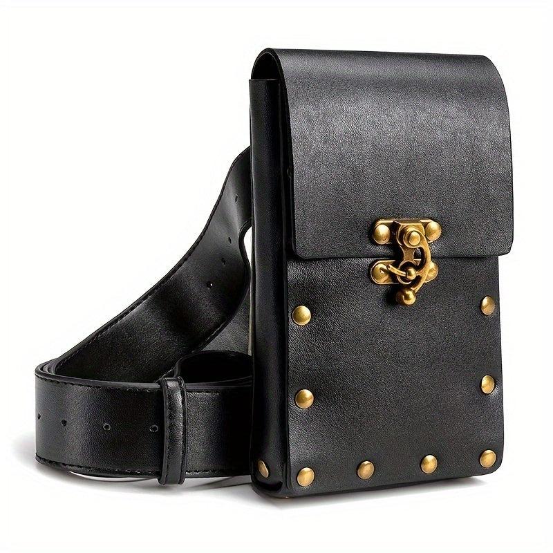 Solid Rivet Decor Waist Bag PU Leather Flap Square Bag Adjustable Strap