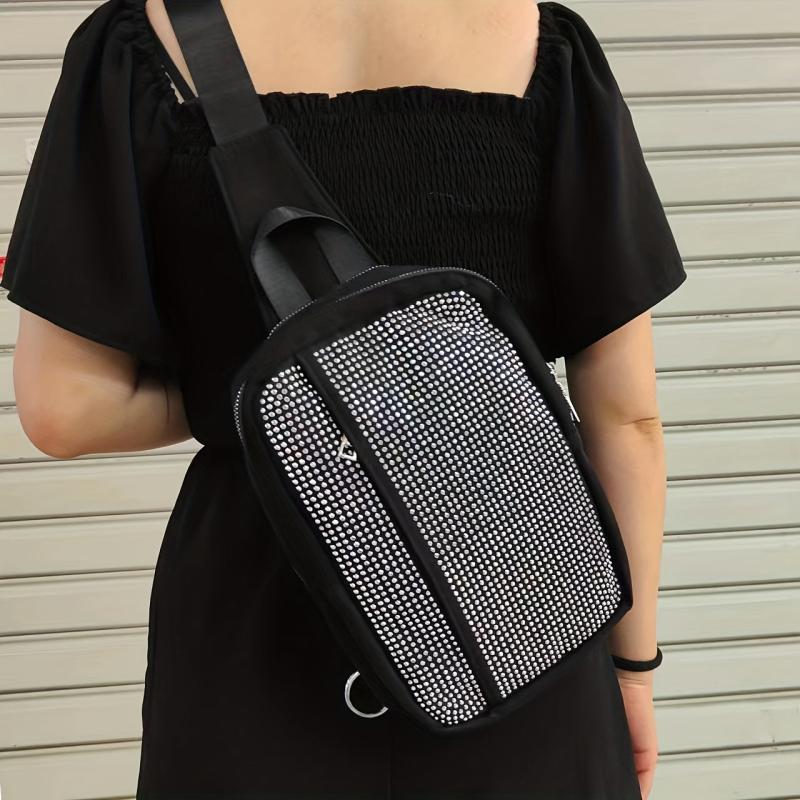 Rhinestone Sling Bag Square Chest Bag Pocket Crossbody Bag Purse