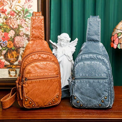 Retro Studded Sling Backpack Crossbody Bag PU Leather Chest Purse
