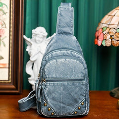 Retro Studded Sling Backpack Crossbody Bag PU Leather Chest Purse