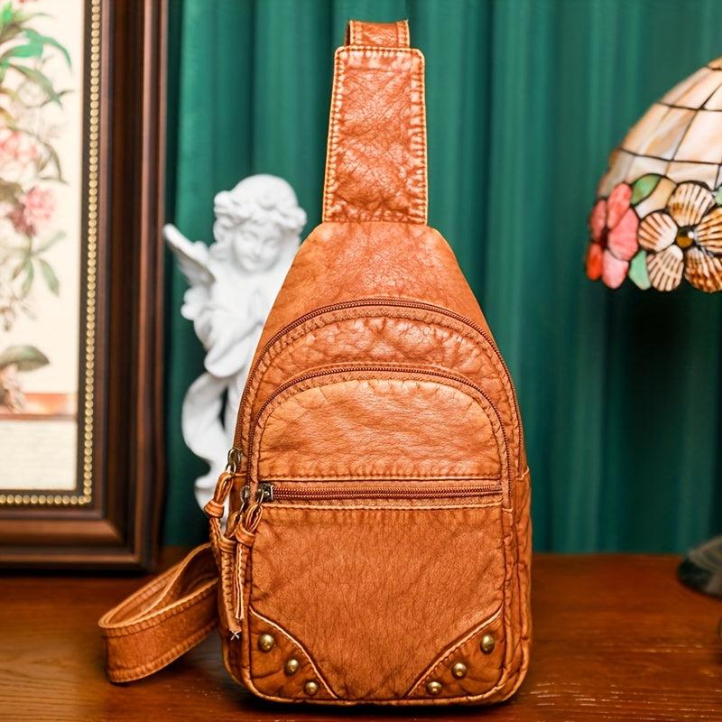 Retro Studded Sling Backpack Crossbody Bag PU Leather Chest Purse