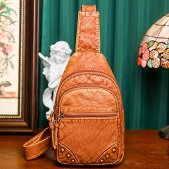 Retro Studded Sling Backpack Crossbody Bag PU Leather Chest Purse