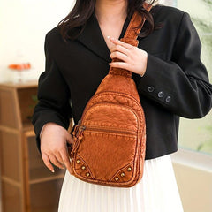 Retro Studded Sling Backpack Crossbody Bag PU Leather Chest Purse
