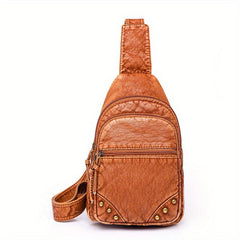 Retro Studded Sling Backpack Crossbody Bag PU Leather Chest Purse