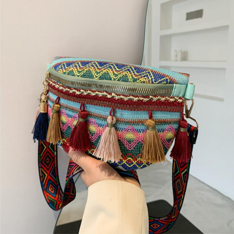 Geometric Pattern Tassel Waist Bag Vintage Braided Chest Purse