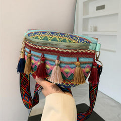 Geometric Pattern Tassel Waist Bag Vintage Braided Chest Purse