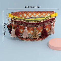 Geometric Pattern Tassel Waist Bag Vintage Braided Chest Purse