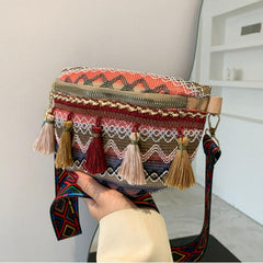 Geometric Pattern Tassel Waist Bag Vintage Braided Chest Purse