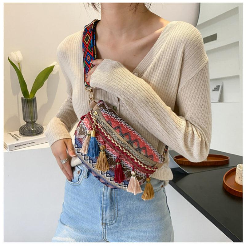 Geometric Pattern Tassel Waist Bag Vintage Braided Chest Purse