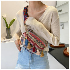 Geometric Pattern Tassel Waist Bag Vintage Braided Chest Purse