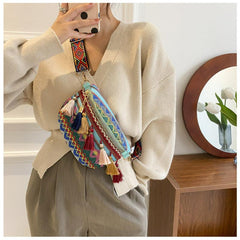 Geometric Pattern Tassel Waist Bag Vintage Braided Chest Purse
