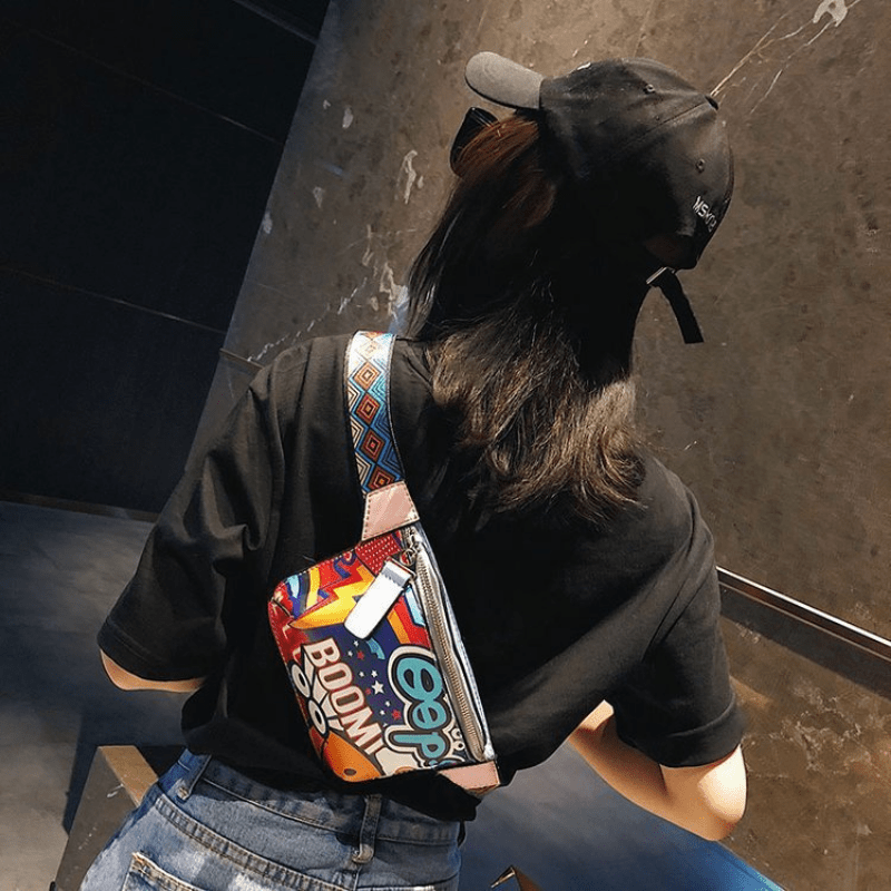 Cartoon Graffiti Pattern Chest Bag Stylish Crossbody Bag Zipper Women's Purse