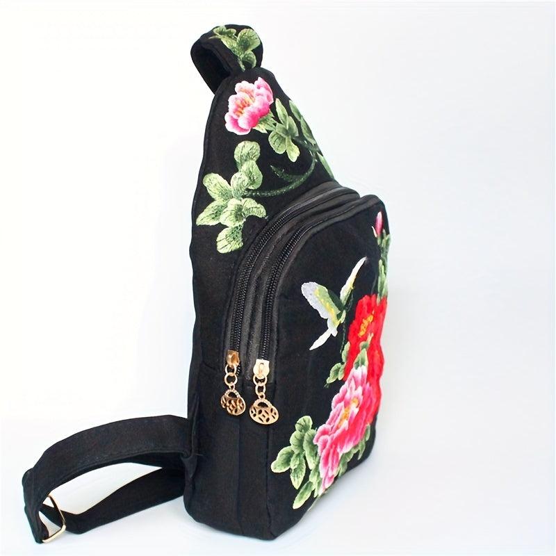 Ethnic Style Canvas Chest Bag Flower Embroidery Sling Bag